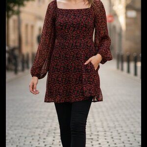 Lena Red Sheer Floral Long Sleeve Shirt Dress